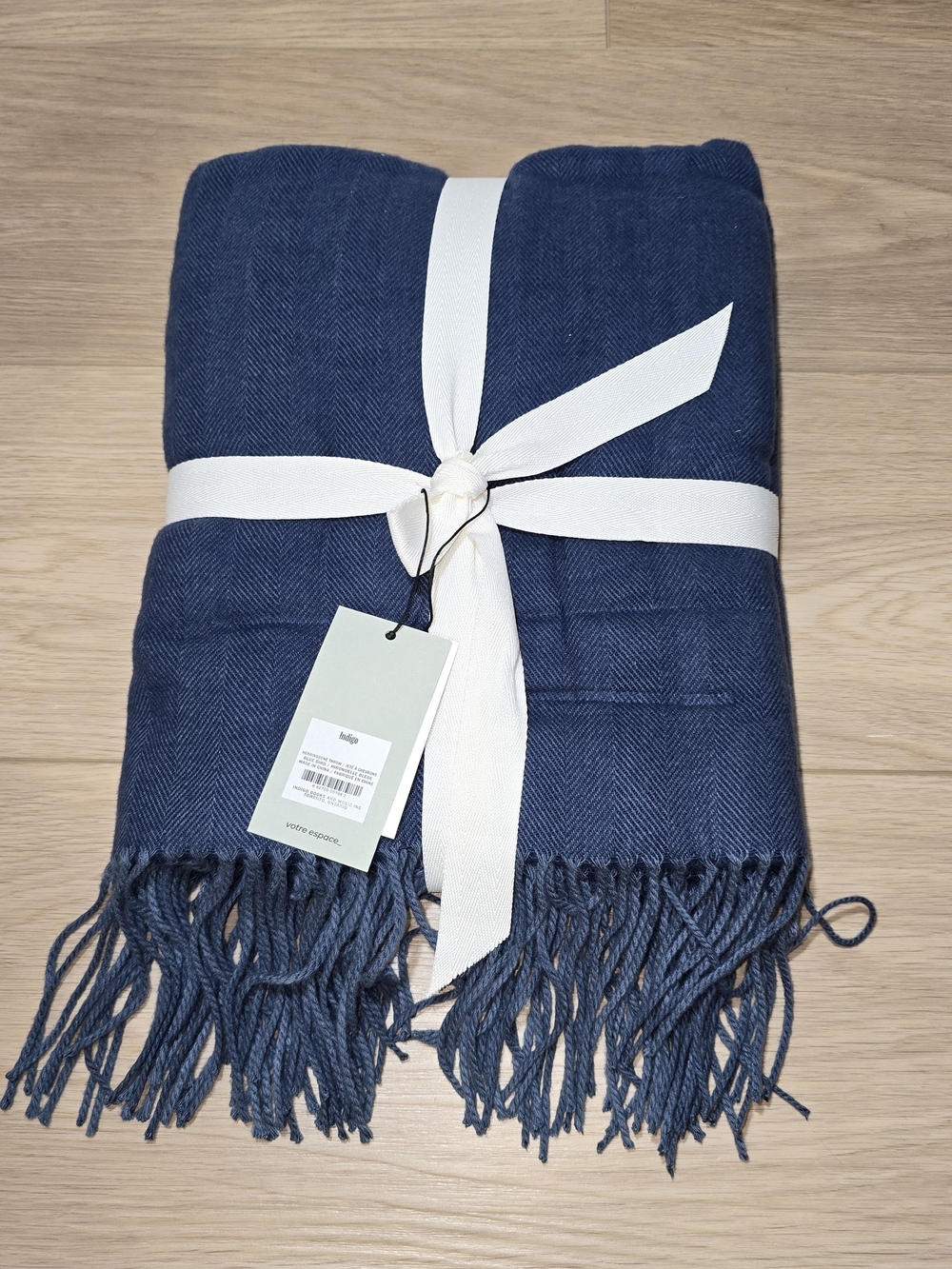 NWT Indigo OUI Herringbone Throw Blanket Blue Bird Navy Fringe Decor Cozy